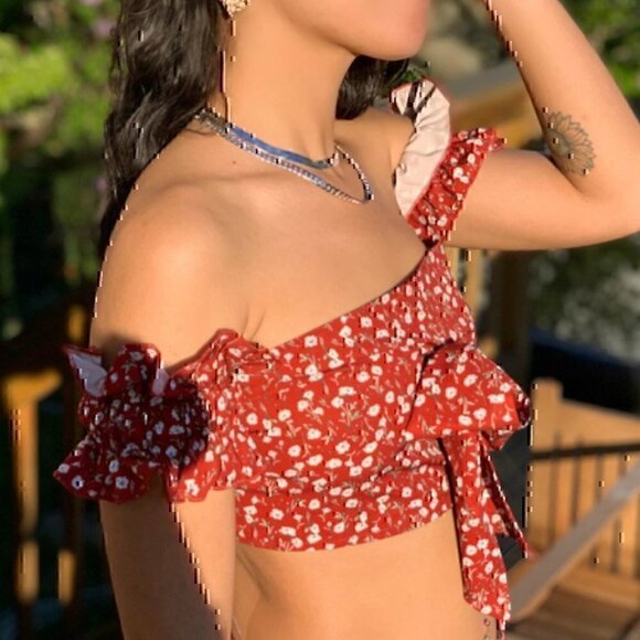 SHEIN? Rust Red White Floral Off the Shoulder Tie Bow Smocked Back Boho Crop Top - Picture 3 of 11